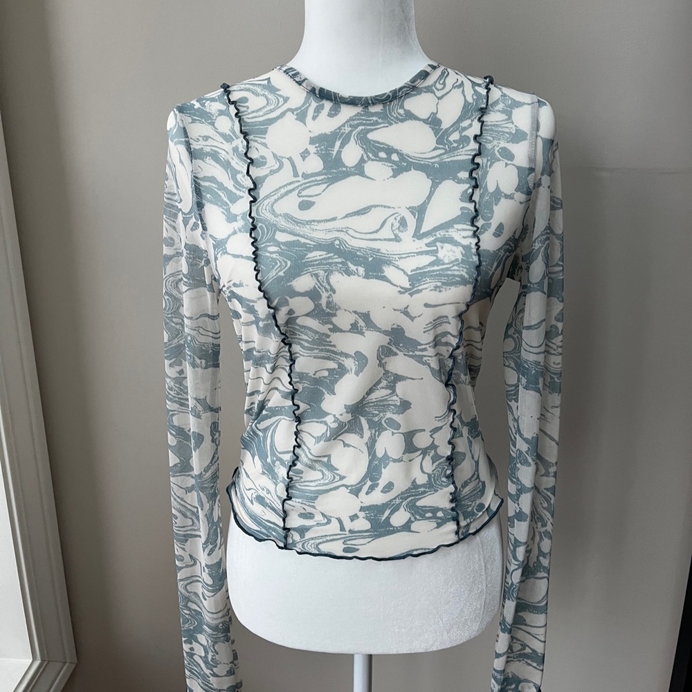 Urban Outfitters Blue and White Marble Long Sleeve Mesh Top
